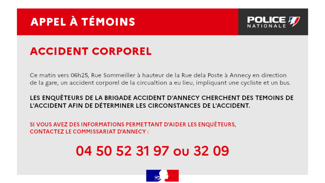 Annecy : appel à témoins après un accident Annecy : appel à témoins après un accident
