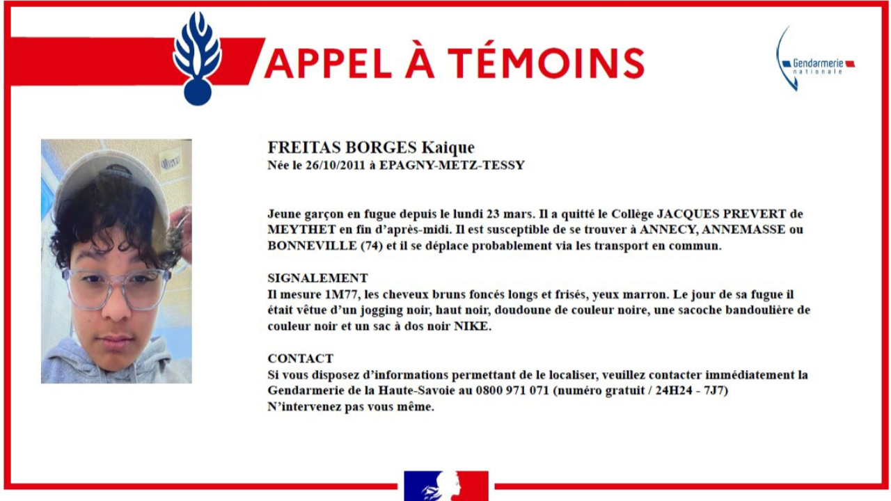 Avez-vous vu Kaique ? Un appel &agrave; t&eacute;moins pour retrouver cet adolescent disparu pr&egrave;s d'Annecy