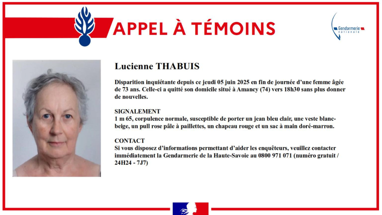 Haute-Savoie : Disparition inquiétante d'une femme de 73 ans