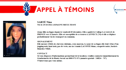 Appel à témoins : avez-vous vu Nina, une ado en fugue à Annecy ?